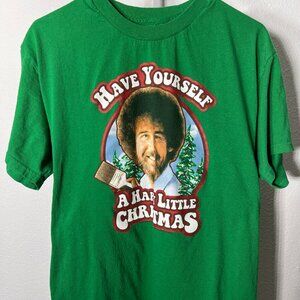 Bob Ross "Happy Little Christmas" Green 100% Cotton Graphic Tee T-Shirt SZ Lrg